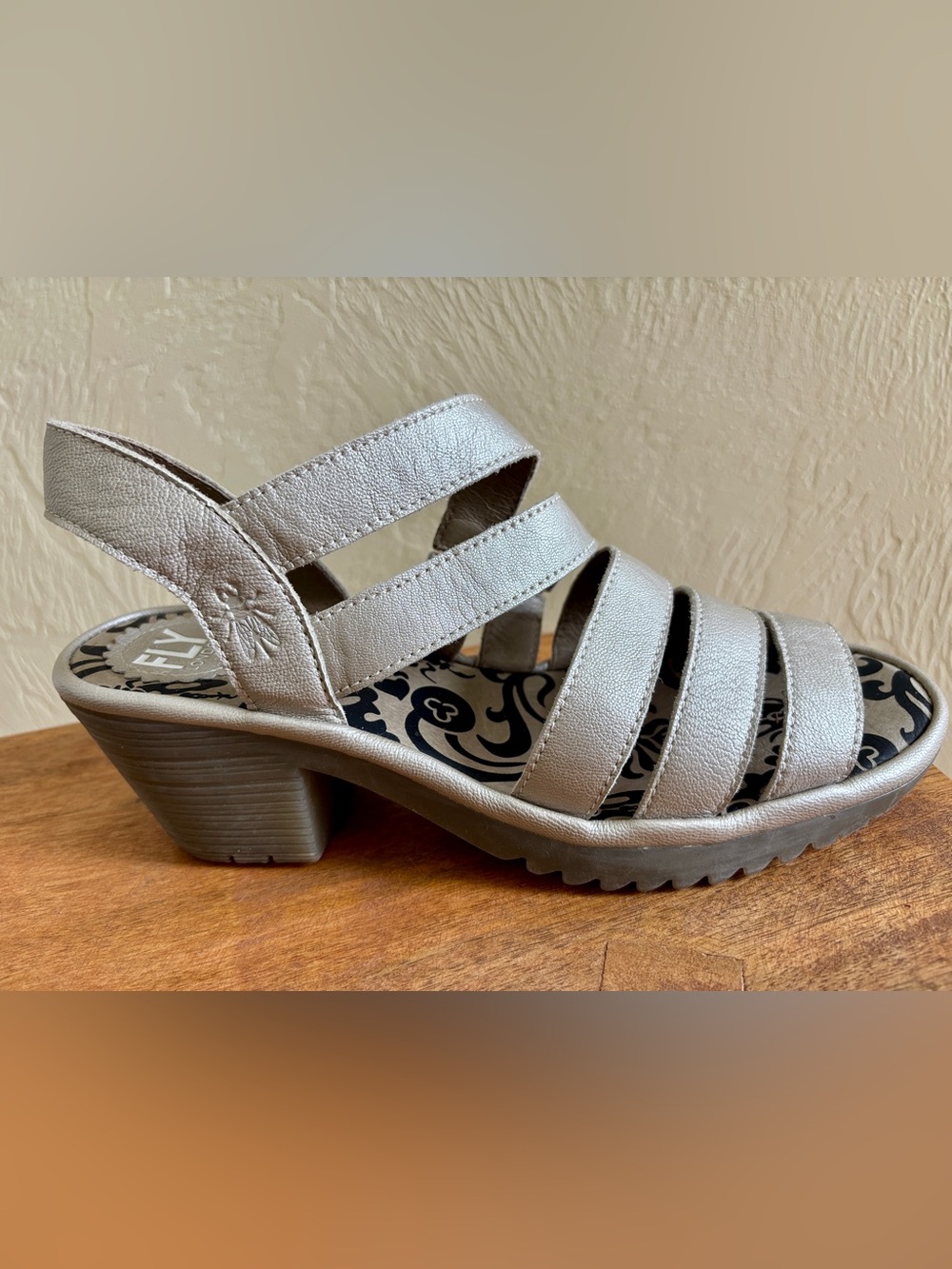 Fly London Women's Woze Metallic Silver Multi-Strap Block Heel Sandal - size 38